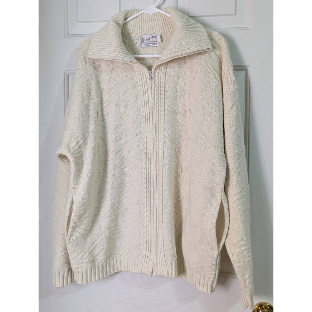 VTG Clipper Mist Full Zip Grandpa Sweater Mens XL Cream Rib Geometric Knit 80s